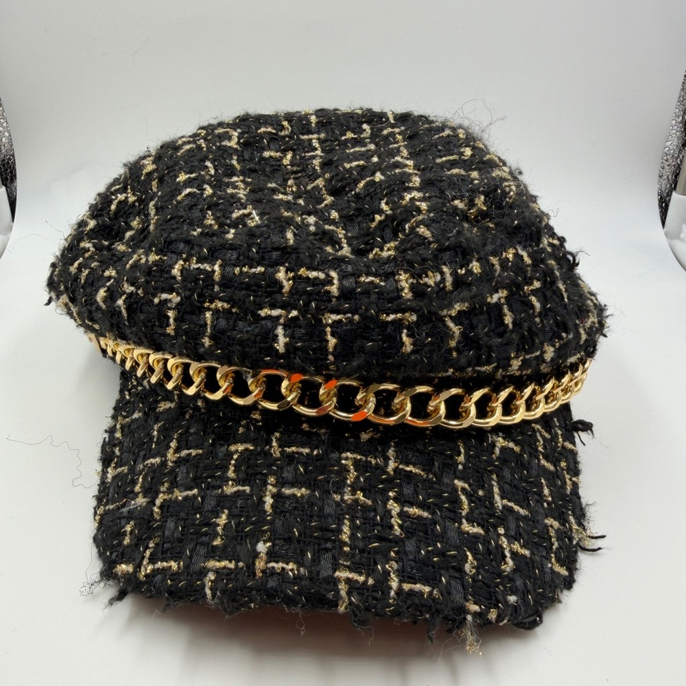 Juicy Couture Black Gold Tweed Cap hat  biker newsboy